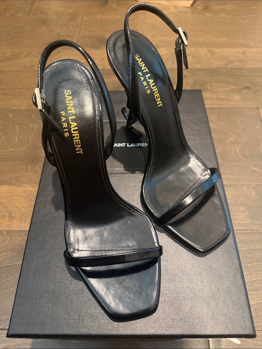 Saint Laurent Black Patent Opyum Logo Slingback Heels - Picture 2 of 4